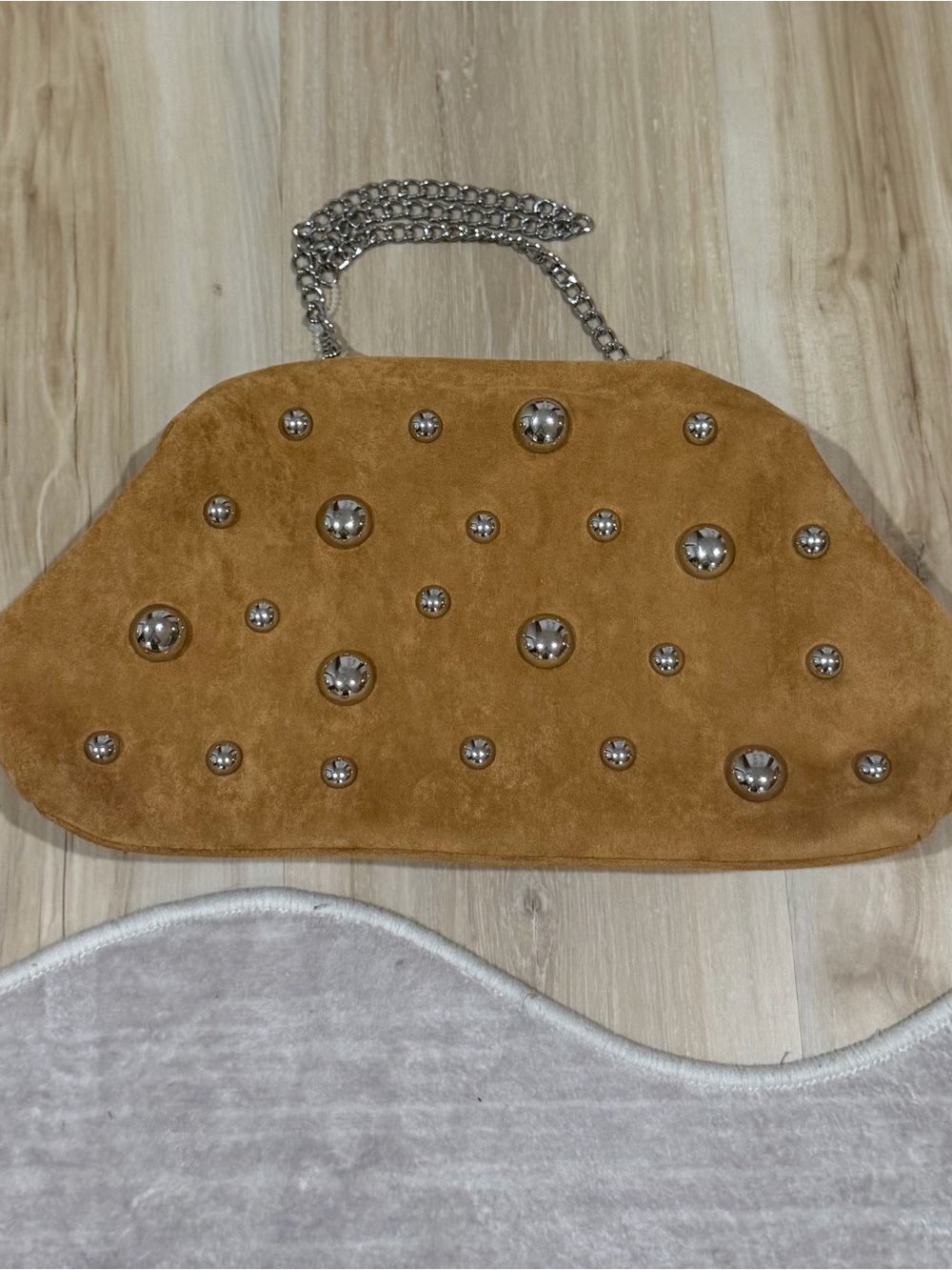 Studded Suede Shoulder Bag in Tan